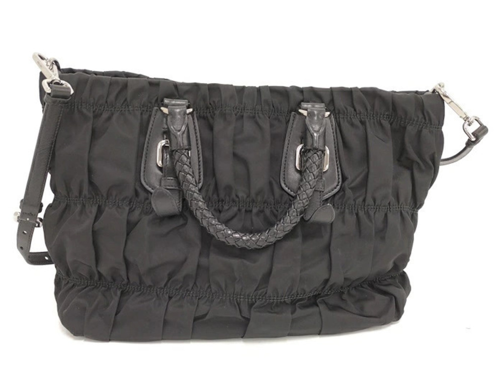 Prada Gaufre gathered Tessuto tote braided bag leather handles Black